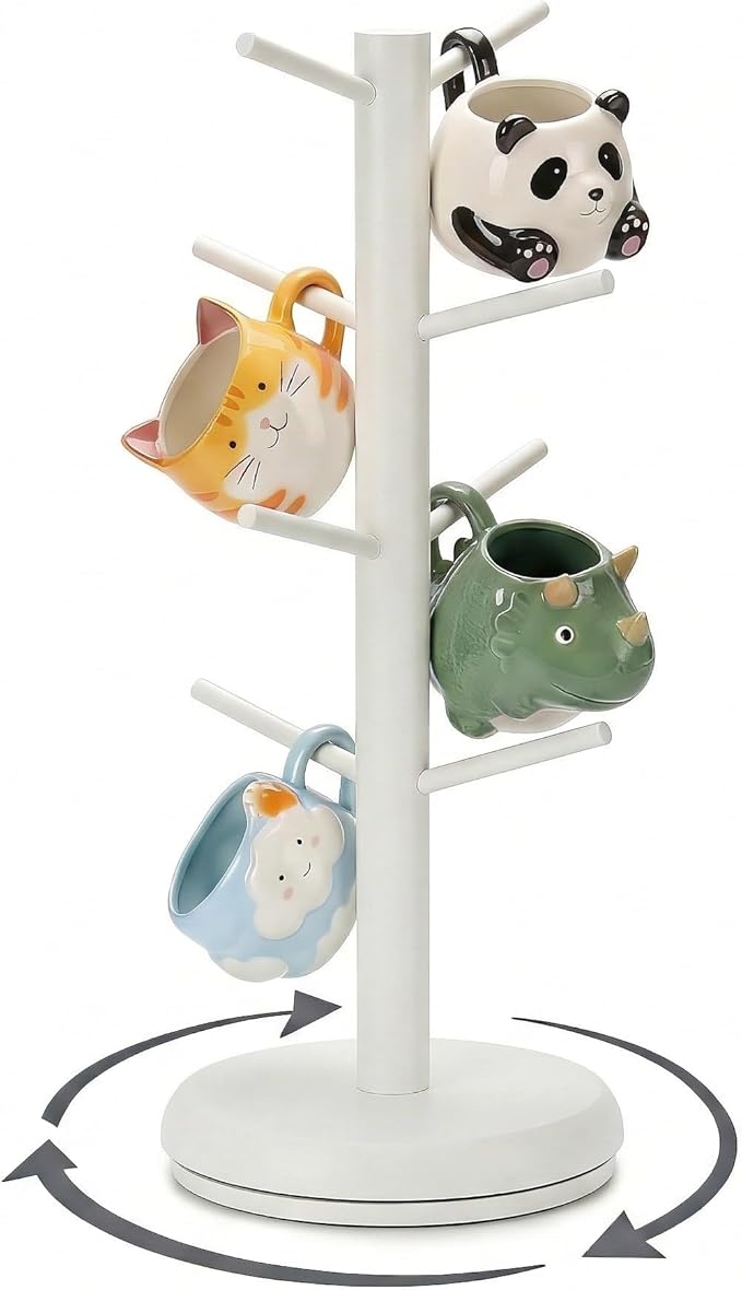 BAMBANG Mug Holder Tree, 360° Rotating 8 Hooks Coffee Cup Holder for Counter, Bamboo Coffee Mug Rack Standing for Kitchen Countertop Home (White)