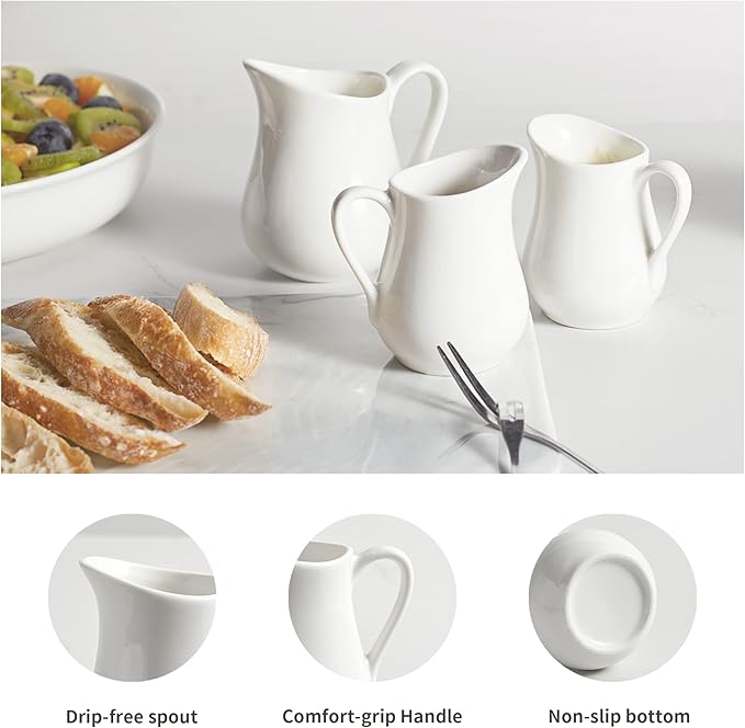 Gurygo 2 Pack 4 Oz Classic White Ceramic Small Creamer Pitcher with Handle- Fine Porcelain Small Milk Pitcher - Ceramic Creamer Container for Coffee Milk Sauces Salad, Microwave & Freezer Safe