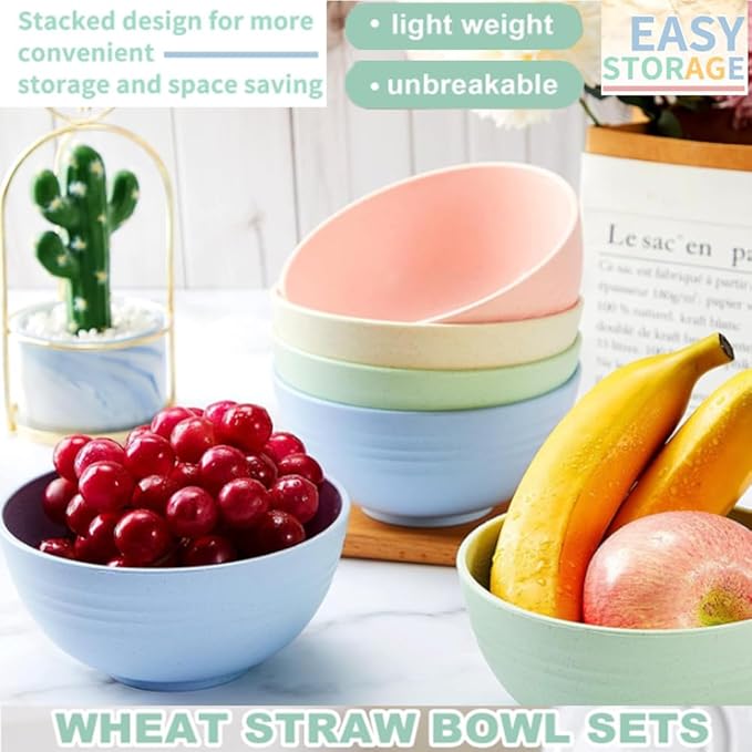 Unbreakable Cereal Bowls 24 oz - Reusable Wheat Straw Bowl - Dishwasher -Microwave Safe - Bamboo Kids Bowls Set, Soup Salad Rice Oatmeal Desserts- BPA Free, Eco-Friendly