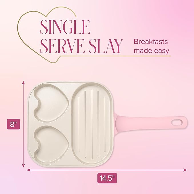 Paris Hilton Ceramic Nonstick Divided Skillet with Heart-Shaped Sections and Grill Plate, Cast Aluminum, Dishwasher Safe, 8-Inch, Pink