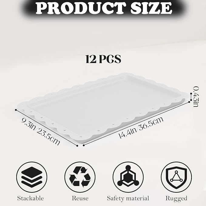 Food Tray, 12 Pack Serving Tray Serving Platter Cookies Dessert Plates,Disposable Plastic Serving Trays Rectangle Dessert Trays for Party, Wedding, Restaurant, 14.4" X 9.3" (White)