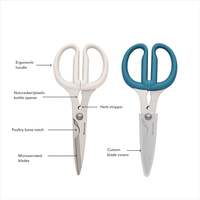 KitchenAid Multipurpose Shear Set – Versatile Scissors with Nutcracker, Bottle Opener, Ergonomic Handles with Protective Blade Covers, 2-Piece