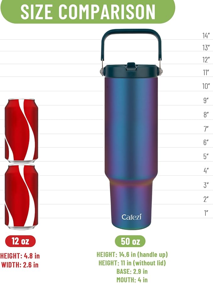 50 oz Insulated Water Bottle, Stainless Steel Water Bottles with Flip Straw and Top Handle, Leak Proof Flip, No Sweat, Fits in Cup Holder, Vacuum Insulated Cup for Home, Office, Outdoors, Car