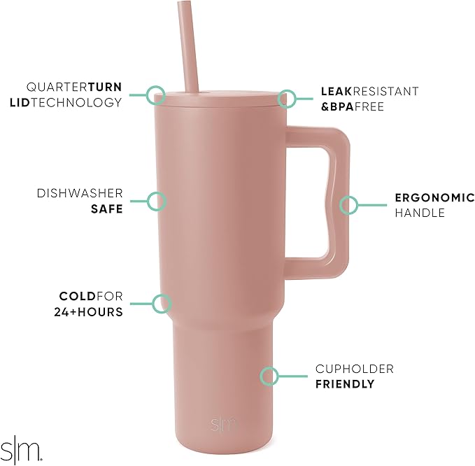 Simple Modern 40 oz Tumbler with Handle and Straw Lid | Insulated Reusable Stainless Steel Water Bottle Travel Mug Cupholder Use | Gifts Women Men Him Her | Trek Collection | 40oz | Mauve Me