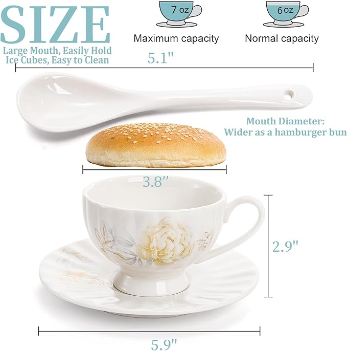 Tea Cups and Saucers Set of 6, 7 Oz Floral Tea Cups, White Porcelain Tea Cup with Saucer, British Coffee Cups Sets for Women Teas Party, Cappuccino, Latte, Microwave Safe
