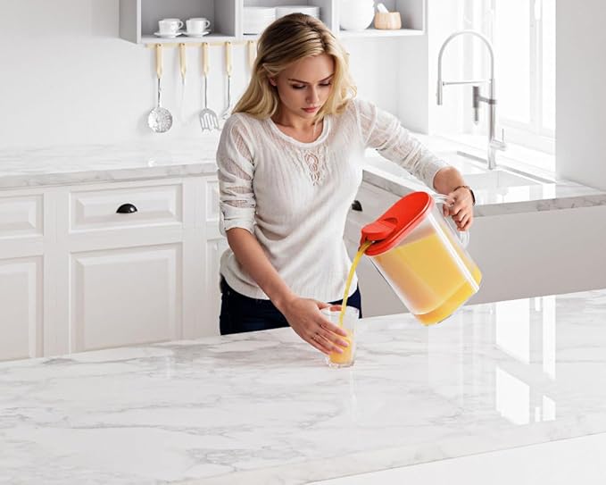 Tribello Pitcher with Lid 1 Gallon, Slim Clear Plastic Water Jug with Pivot-top Spout Lids, Iced Tea Pitcher for Fridge, Freezer/Dishwasher Safe, and BPA/Phthalate Free