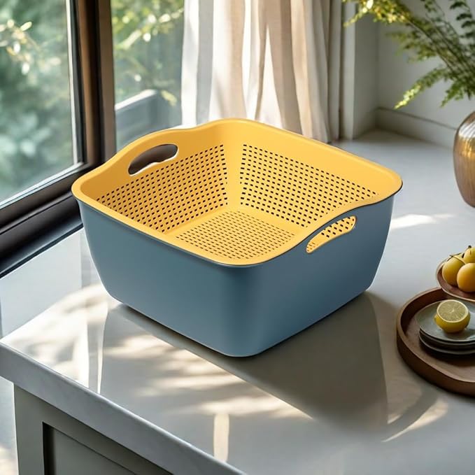 Kitchen Colander Drain Basin 2 in 1 Plastic Basket Strainer Bowl (Blue/Yellow), large