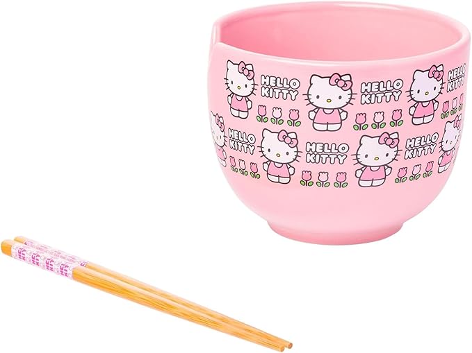 Silver Buffalo Sanrio Hello Kitty Flowers Pattern Ceramic Ramen Noodle Rice Bowl with Chopsticks, Microwave Safe, 20 Ounces
