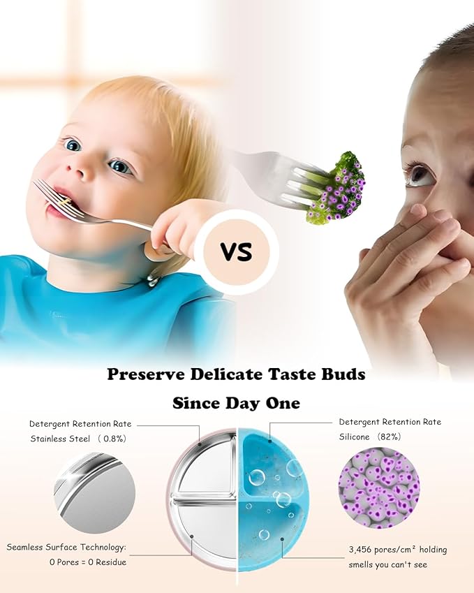 Stainless Steel Suction Plates for Toddlers, 8" Divided Kids Baby Plates with Removable Silicone Suction, Non Toxic Non Slip Portion Control Snack Dishes 3 Packs, Pink Lilac Sage