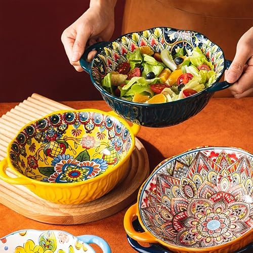 XKXKKE 5 Pack Boho Ceramic Serving Bowls with Handles, 40 Oz Porcelain Salad Bowls, Large Serving Dishes for Entertaining, Mixing Bowls for Soup, Stew, Pasta, Cereal, Colorful Embossed Cute Bowls Set