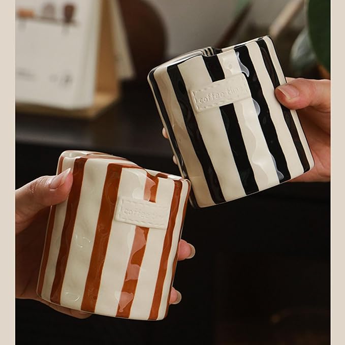 Ceramic Coffee 10oz Mug Hand-Painted Espresso Cup，Retro Ceramic Travel Mug for Kitchen, Dining-Green，Microwave Safe (Brown stripes)