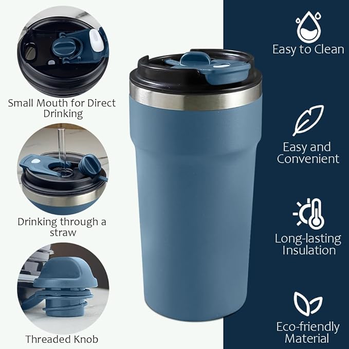 Travel Coffee Mugs Leak-Proof, Reusable Coffee Cups with Lids, Stainless Steel Vacuum Insulated Coffee Tumblers, Thermal Insulation Cups for Men and Women Hot & Cold Drinks(4th-Blue, 16OZ)