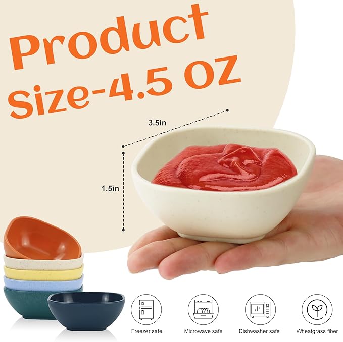 Homienly Wheat Straw Dipping Bowls Set of 6, 4.5oz Small Dessert Bowls, Unbreakable Dip Bowls & Sauce Bowls, Small Bowls for Dips, Mini Prep Small Bowl for Soy Sauce & Sides, 6 Color