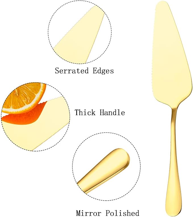 Cake Pie Server, 5 Pack Stainless Steel Pie Pizza Pastry Cake Slicer Server Set, Cake Cutter with Serrated Edges, Pie Cutters for Kitchen, Restaurants, Wedding, Birthdays and Parties(Gold)