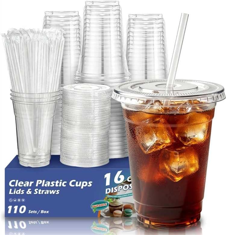 110 Pack 16 oz Disposable Clear Plastic Cups with Lids and Straws