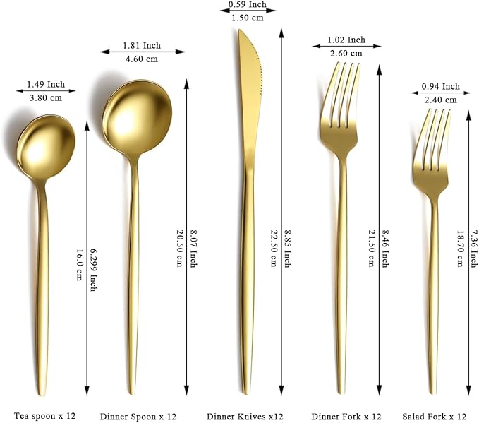 Evanda Gold Silverware Set 60 Piece Service for 12, Titanium Gold Plated Stainless Steel Flatware Set, Knives Forks Spoons Cutlery Set for Wedding, Parties, Birthday, Restauroom, Dishwasher Safe