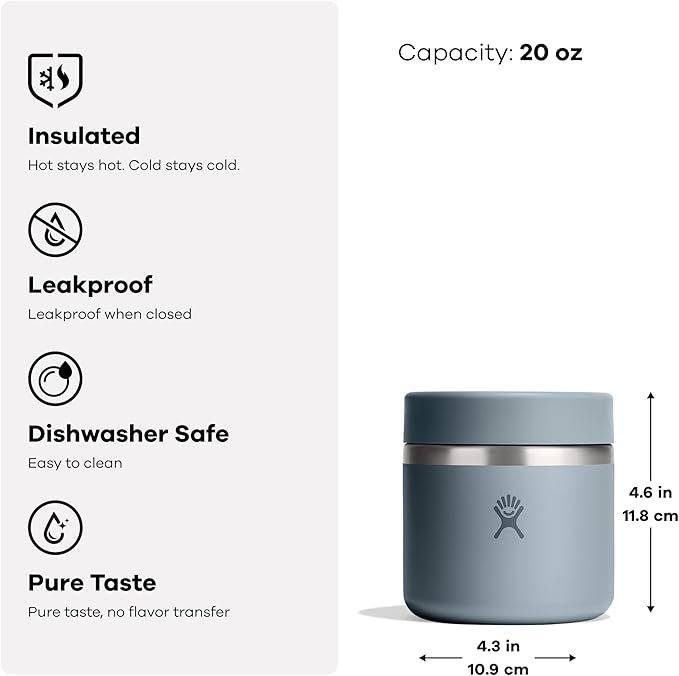 Hydro Flask Food Jar – Insulated Stainless Steel, Snack Travel Container for Hot Food & Soup 20 Oz Shale Gray