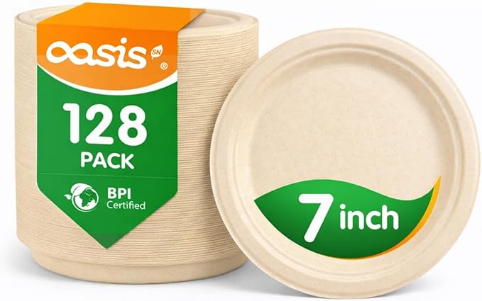 7 Inch 128 Pack Compostable Disposable Paper Plates, Heavy Duty Sugarcane Bagasse Plates, Biodegradable Eco-Friendly for Snacks & Parties, Unbleached Natural