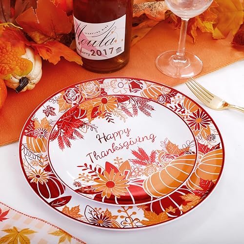 Rubtlamp 60PCS Thanksgiving Plastic Plates, White Orange Pumpkin Plates, Red Disposable Plates with Maple Leaves, Fall Disposable Plates Include 30 Dinner Plates, 30 Salad Plates For Thanksgiving