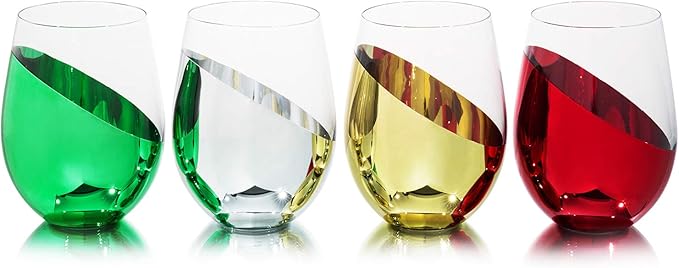 MyGift 4 Piece Stemless Glassware Set, Holiday Multicolor Angled Wine Glasses, Dipped Gold Silver Red Green Colored Mirrored Glass Cocktail Drinking Cups, 18 oz Capacity