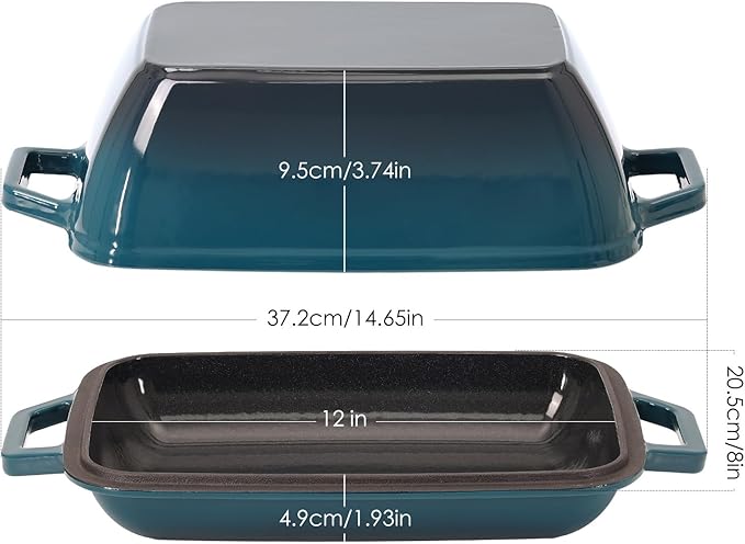 Oval Cast Iron Dutch Oven for Bread Baking 12x8 Inch Enameled Bread Pan with Lid 6QT Cast Iron Bread Dutch Oven for Sourdough，DarkCyan