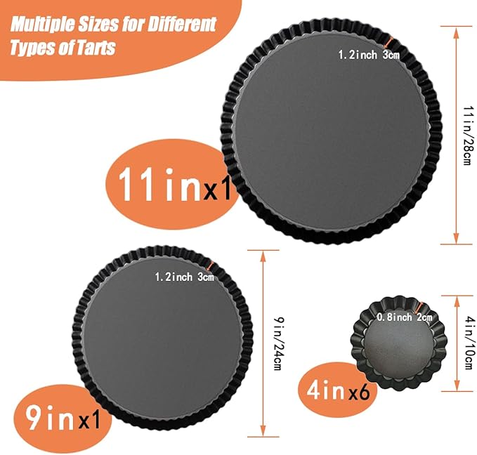 Tart Pan Set, 11 & 9 Inch Tart Pans with 6Pcs 4 Inch Mini Pans. Removable Bottom, Non-Stick Coating, For Tart Quiche Pie Making. Suitable for Family Festivals and Gatherings.(8 Pack)