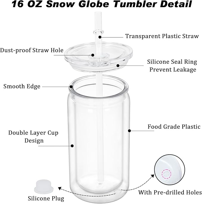 16 oz Plastic Snow Globe Tumbler, 4 Pack Double Wall Snowglobe Tumbler with Pre Drilled Hole, Plastic Mason Jar Cups Can for Snow Globe Glitter DIY ( Clear )