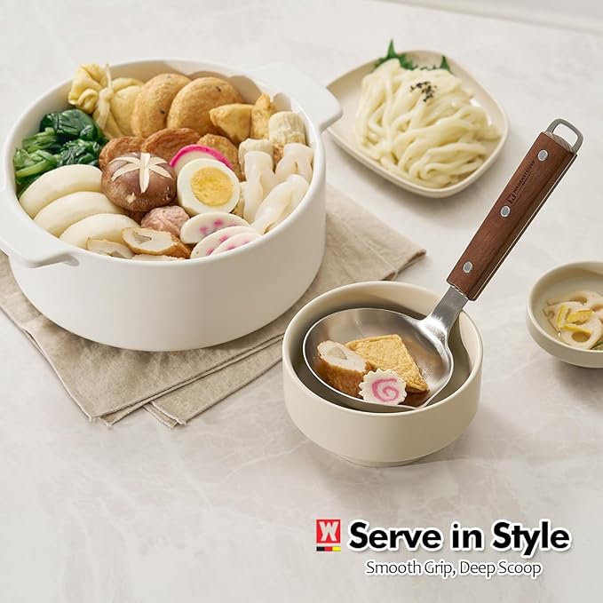 7.87" x 3.94" Short Ladle with Wooden Handle & Spout, SUS304 Stainless Steel Head, Ergonomic & Durable Design, Ideal for Serving Soup, Stews & Sauces, Comfortable Grip