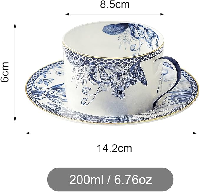 fanquare 6 oz Blue Floral Bone China Tea Cup with Saucer, Hand Print Procelain Cups for Tea Party, British Coffee Cup and Saucer