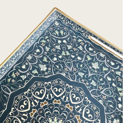 Decorative Tray, Blue Serving Tray with Handles, Ottoman Trays, Plastic Coffee Table Tray for Living Room, Bathroom, Kitchen, Decor, 15.7”*11.8”