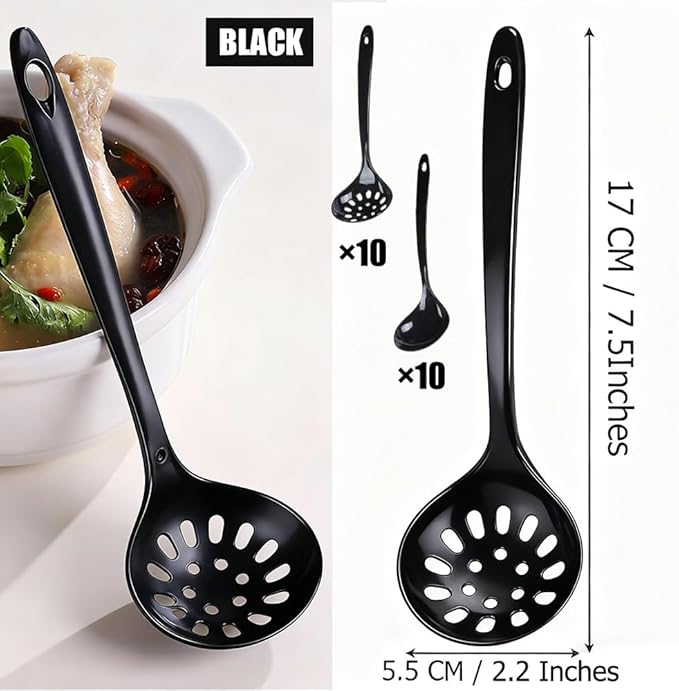 Large Plastic Serving Spoons,Disposable Heavy Duty Serving Spoons,Long Handle Scoop Soup Rice Ladle for Party Catering Buffet Restaurant,20 Pieces (10 Black Colander +10 Black Spoon)