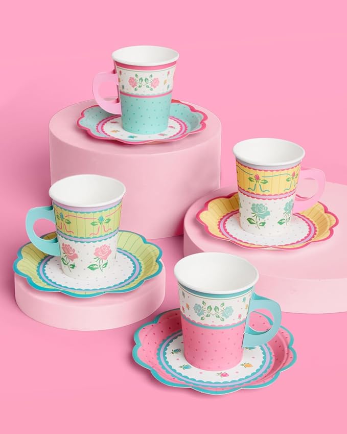 xo, Fetti Tea Party 9oz Cups and Saucers Set - 32 Piece Drinkware Set | Garden Party, Fancy Birthday, Easter, Pastel, Floral, Coquette, Vintage