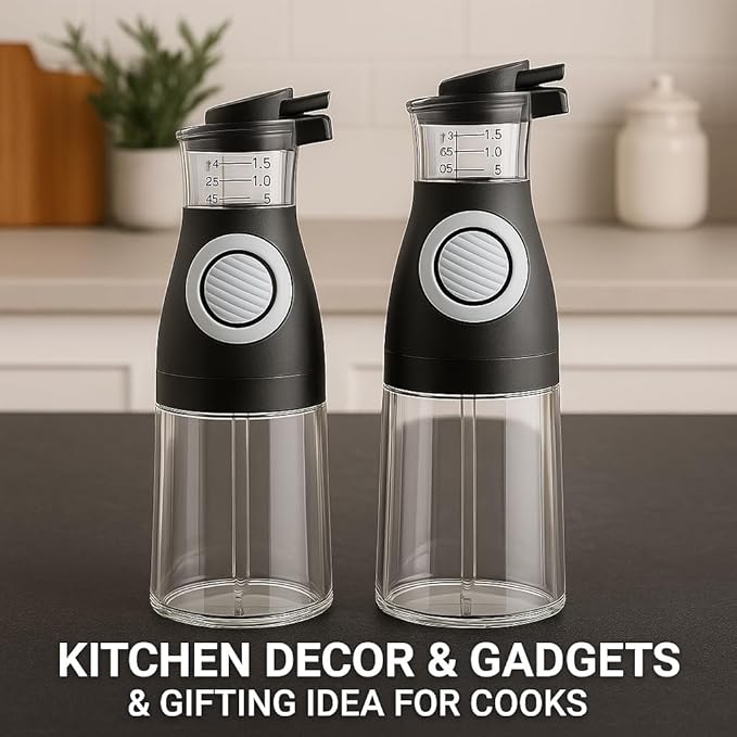Belwares Oil and Vinegar Dispenser Set with Measuring Cup - 2 Glass Olive Oil Dispenser Bottles for Kitchen - Cooking Oil Bottle Set, Drip-Free Cruets for Salad Dressing, BPA-Free, Dishwasher Safe