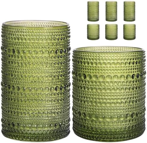 Moretoes Green Hobnail Drinking Glasses Set of 6 Glass Cups