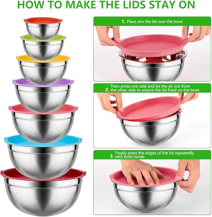 Mixing Bowls with Lids for Kitchen - 25 PCS Stainless Steel Nesting Colorful Mixing Bowls Set for Baking,Mixing,Serving & Prepping,Size 5, 3.7, 2.8, 2.3, 1.7, 1.1, 0.7QT,11 Cooking Utensils