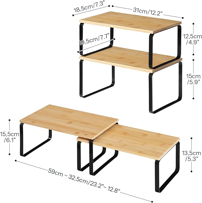 HOOBRO Cabinet Organizer Shelf, Set of 2 Kitchen Counter Shelves, Expandable Kitchen Storage, Stackable Bamboo Spice Rack, for Kitchen, Countertop, Office Desk, Bathroom, Natural and Black YB30TL01