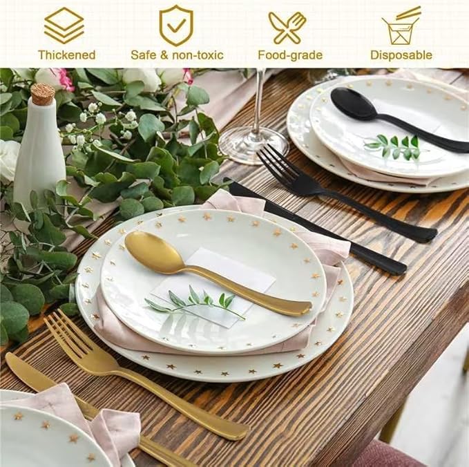 Kochorie 300 Pieces Graduation Black and Gold Plastic Silverware Heavy Duty Plastic Cutlery Set Disposable Flatware Includes Spoons Forks Knifes for Party Supplies