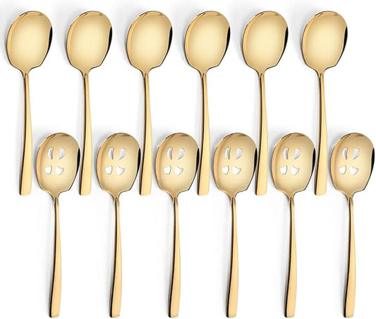 Serving Spoons Set 9.14 Inch Slotted Spoon Serving Spoon Stainless Steel Serving Utensils for Buffet Parties Catering Dishwasher Safe(Set of 12, Gold)