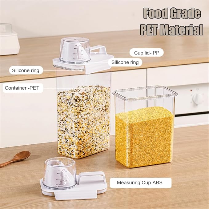2Pcs Rice Dispenser Storage Containers, 2.3L Small Rice Bucket with Measuring Cup & Pour Spout, Kitchen Plastic Airtight Container for Cereal, Grain, Flour, Sugar, Oatmeal, Dry Pet Dog Food