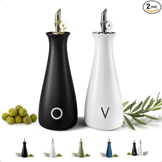 Oil and Vinegar Dispenser Set with Self-Closing Stainless Steel Spouts - 530 ML Capacity Matte Ceramic Leak Proof EVOO & Vinegar Dispensing Bottle Set of 2 - Olive Oil and Vinegar Dispenser Bottle Set