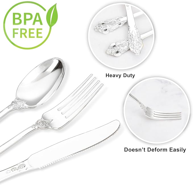 WDF 120PCS Silver Plastic Silverware - Heavy Duty Silver Plastic Cutlery Set - 40 Forks, 40 Spoons, 40 Knives, Perfect for Parties Weeding Baby Shower Spring