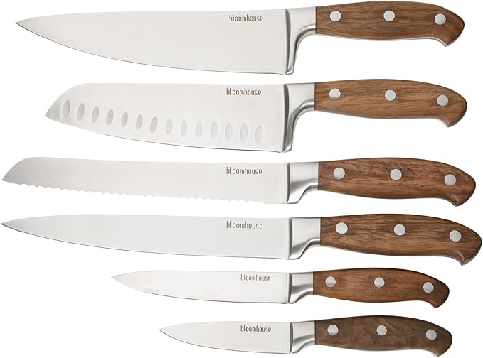 Bloomhouse 7 Piece Italian Walnut Wood Knife Block Set W/German Steel Forged Knives