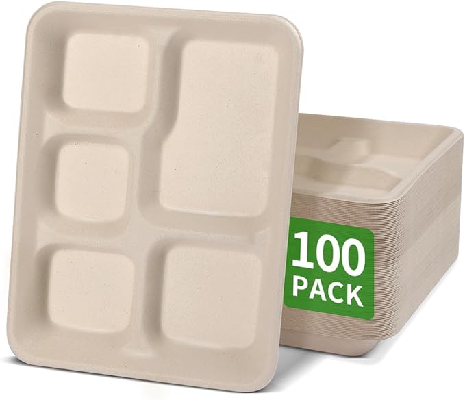 bloomoon 100 Pack 5 Compartment Paper Plates, 10 x 8 inch Disposable Lunch Trays with 5 Compartment, Heavy Duty Divided Paper Plates for Buffet, School, Party