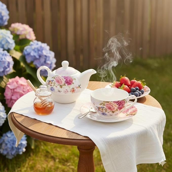 ONEUSTAR Tea for One Set Ceramic Floral Teapot and Cup Saucer Set for Women Mother's Day Birthday Gift in Reusable Handmade Gift Box, Pink