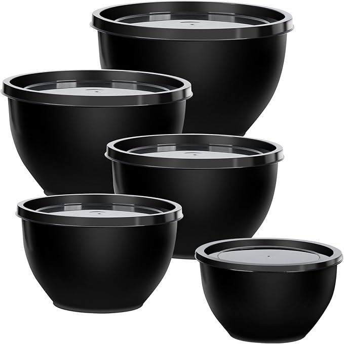 Plastic Mixing Bowls with Lids Set for Kitchen, Nesting Bowls for Mixing, Baking, Prepping, Cooking and Serving Food, Mixing Bowls Dishwasher, Microwave Safe (Black)