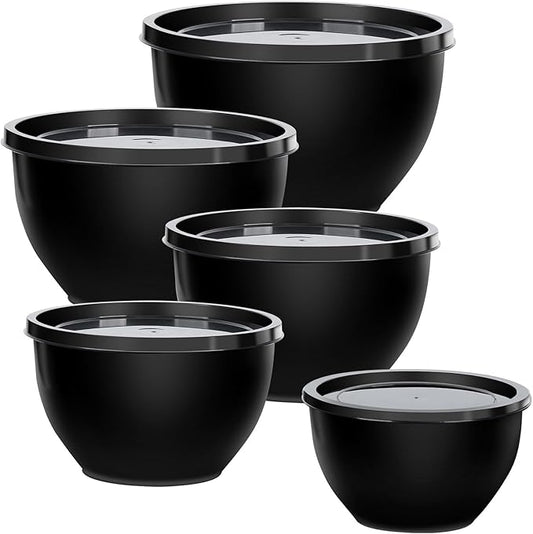 Plastic Mixing Bowls with Lids Set for Kitchen, Nesting Bowls for Mixing, Baking, Prepping, Cooking and Serving Food, Mixing Bowls Dishwasher, Microwave Safe (Black)