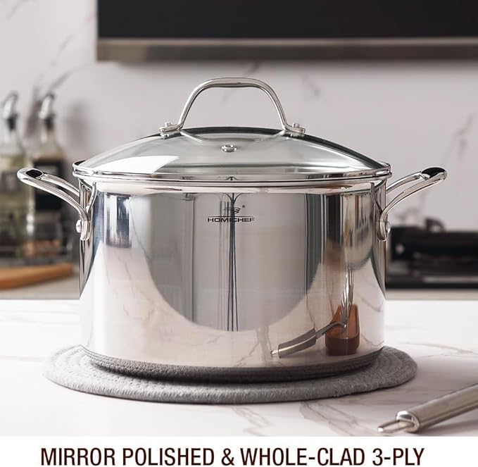 HOMICHEF Mirror Polished NICKEL FREE Stainless Steel 7 QT(Quart) Stock Pot with Glass Lid (No Toxic Non Stick Coating, Whole-Clad 3-Ply) - Triply Stainless Steel Pots and Pans - Soup Pots with Lids