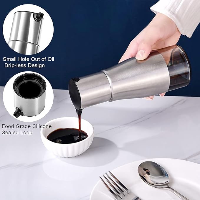 Tebery 2 Pack Silver Olive Oil and Vinegar Dispenser Set, 10OZ Oil Dispenser Cruet with Easy & Drip Free Pouring, Elegant Stainless Steel with Glass Bottom