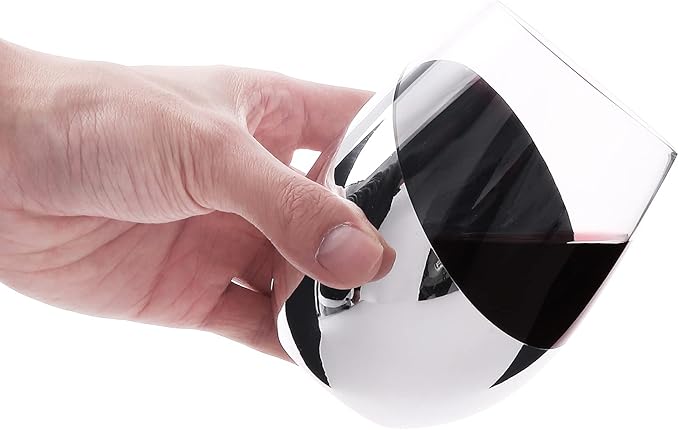 MyGift Modern Stemless Wine Glass Set of 6, White or Red Wine Glasses with Silver Metallic Bottom Angled Design