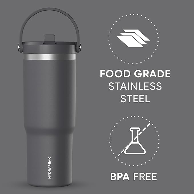 Hydrapeak Nomad 32 oz Tumbler with Handle and Straw Lid, Leakproof, Double Insulated, 32oz Cup, Stainless Steel | Grey Matter